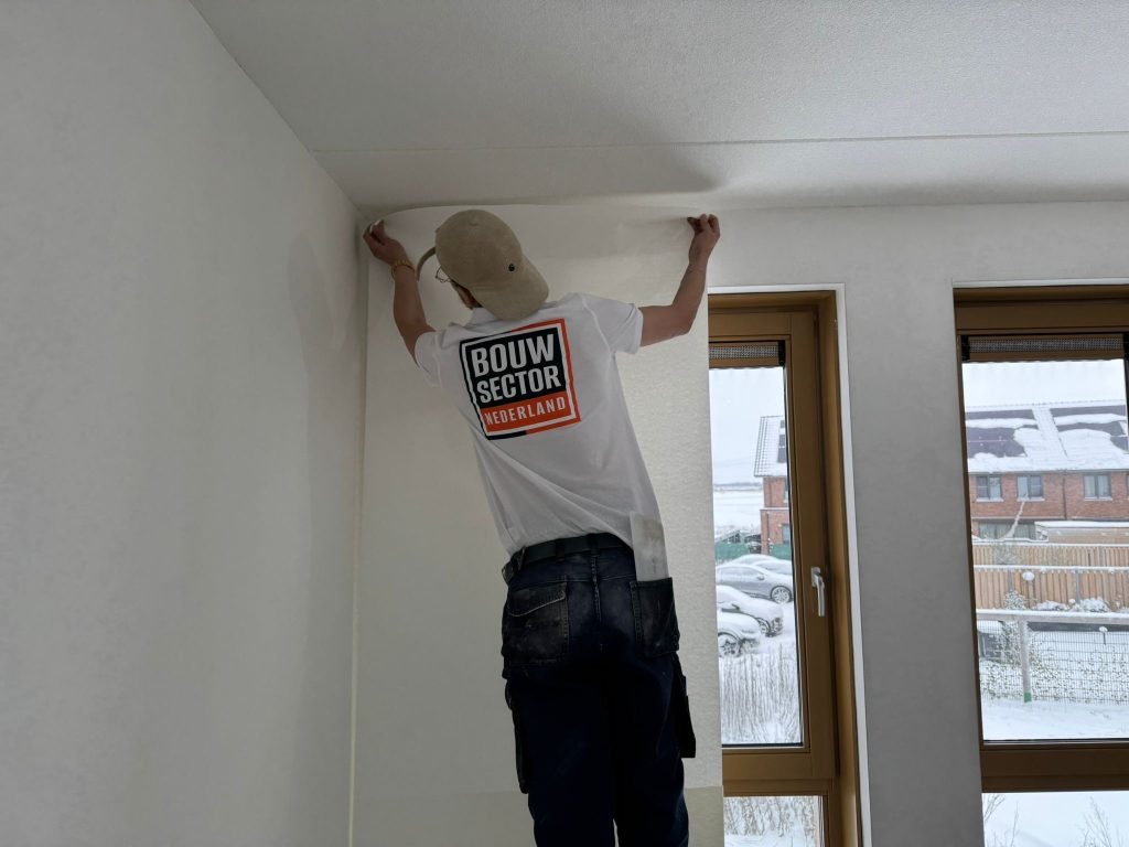 Behanger van Bouwsector Nederland zet een nieuwe baan vlies boven aan de wand, naast twee ramen met sneeuw buiten